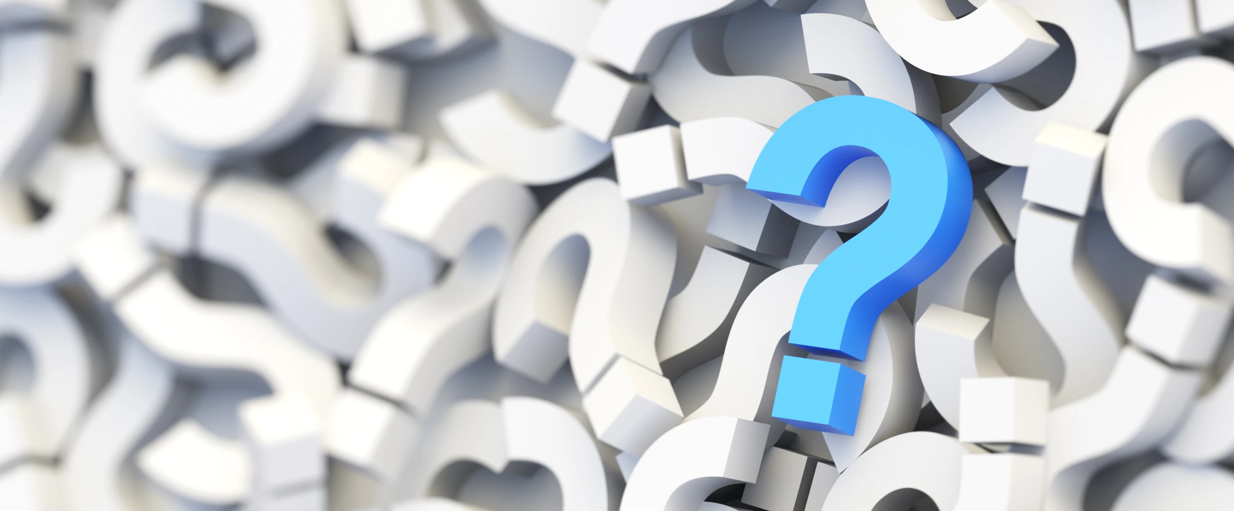 Blue question mark on a background of white signs. 3D Rendering