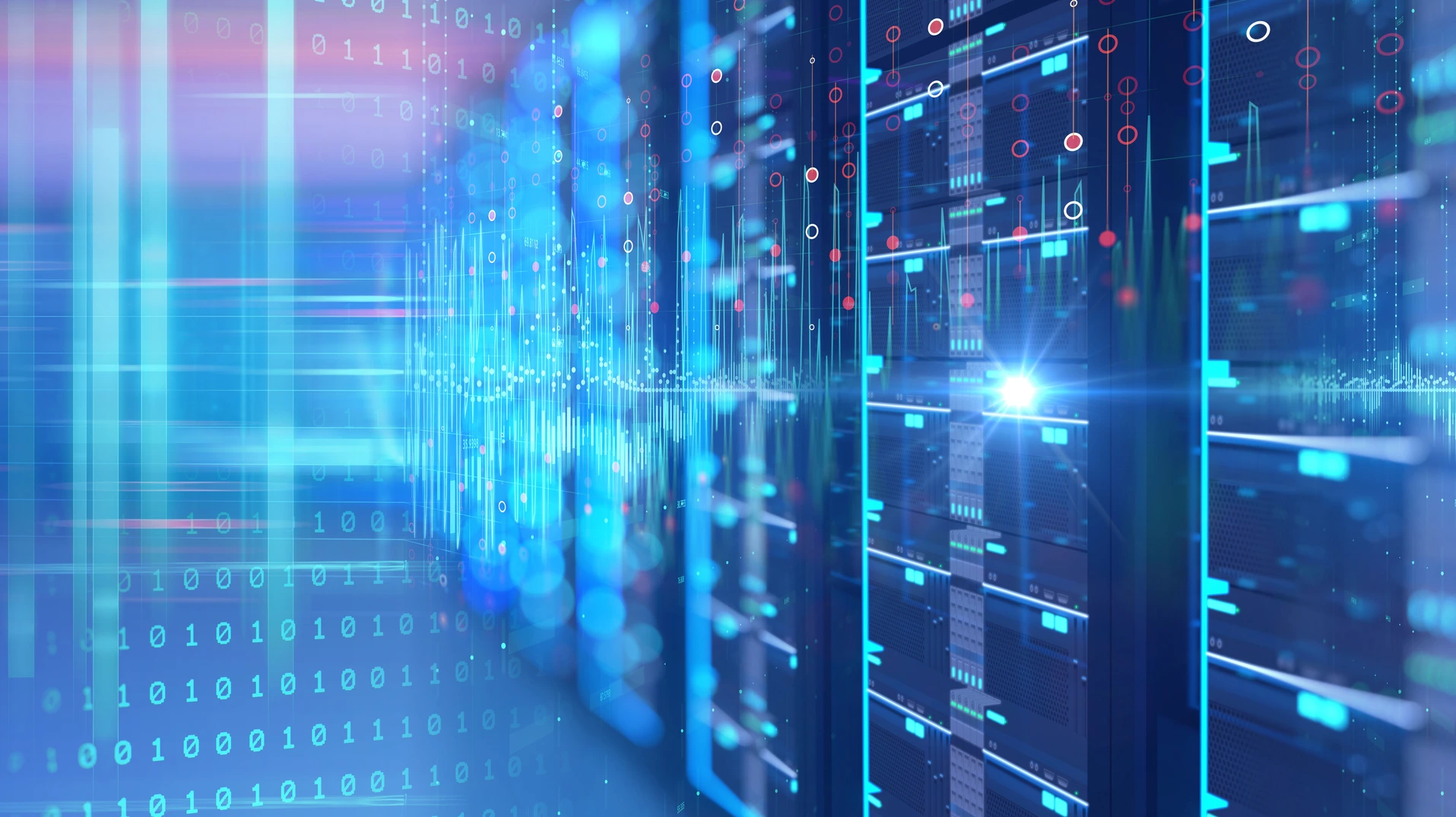 server room with server racks in datacenter banner. 3d illustration