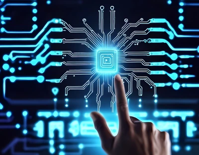 Hand on screen with artificial network