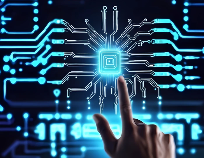 Eine Hand auf einem Bildschirm mit einem künstlichen Netzwerk