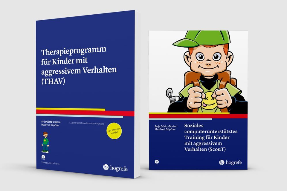 Zwei Cover von Hogrefe: Therapieprogramm für Kinder mit aggressivem Verhalten (THAV) und Soziales computerunterstütztes Training für Kinder mit aggressivem Verhalten (ScouT); rechts eine kindliche Illustrationsfigur mit Rucksack.