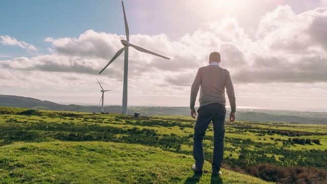 A man is standing in the landscape and is looking into the distance, at two wind turbines