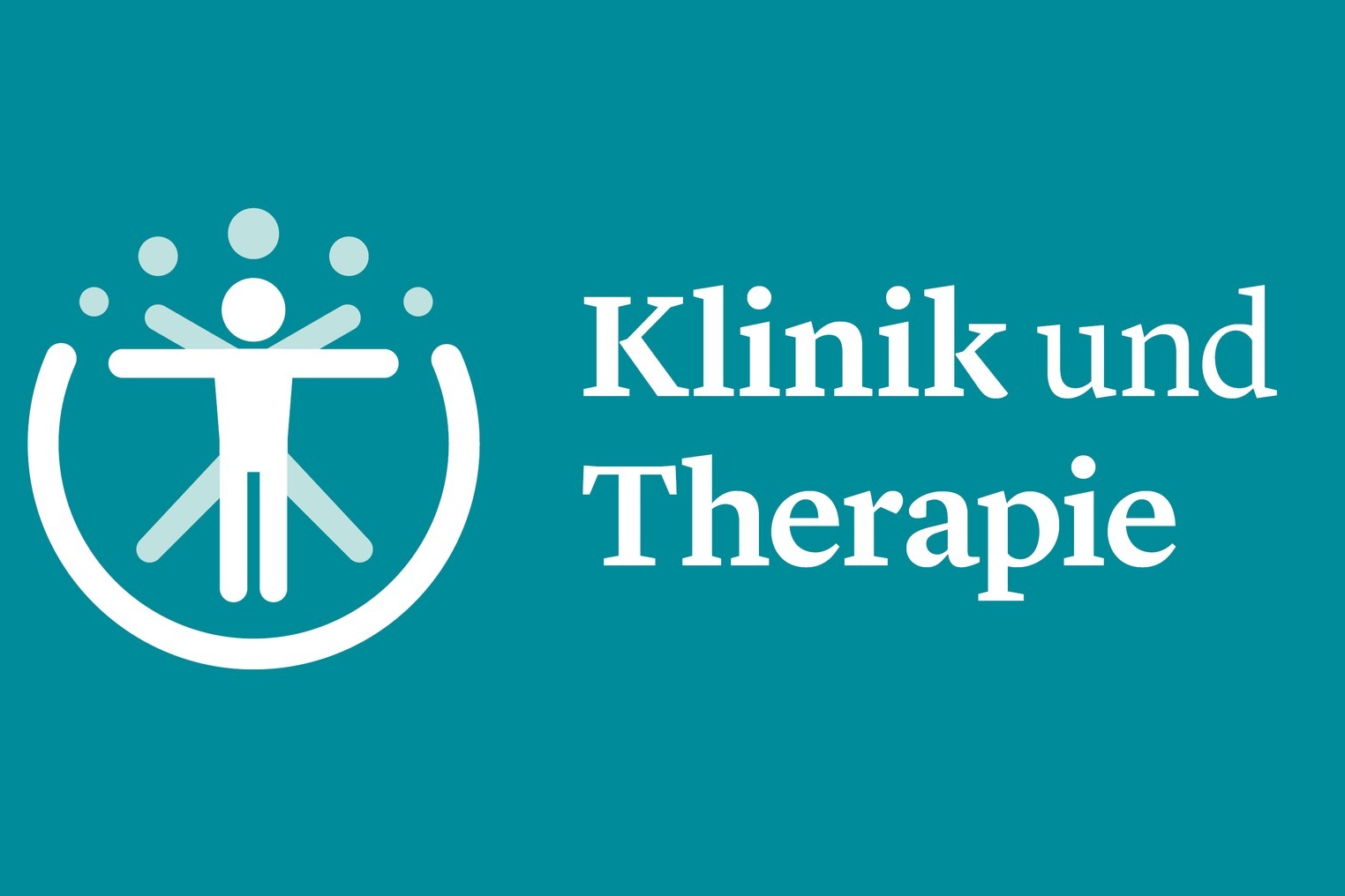 Grafik mit weißem stilisiertem Menschensymbol und kreisförmigem Element auf türkisem Hintergrund, daneben der Text ‚Klinik und Therapie‘