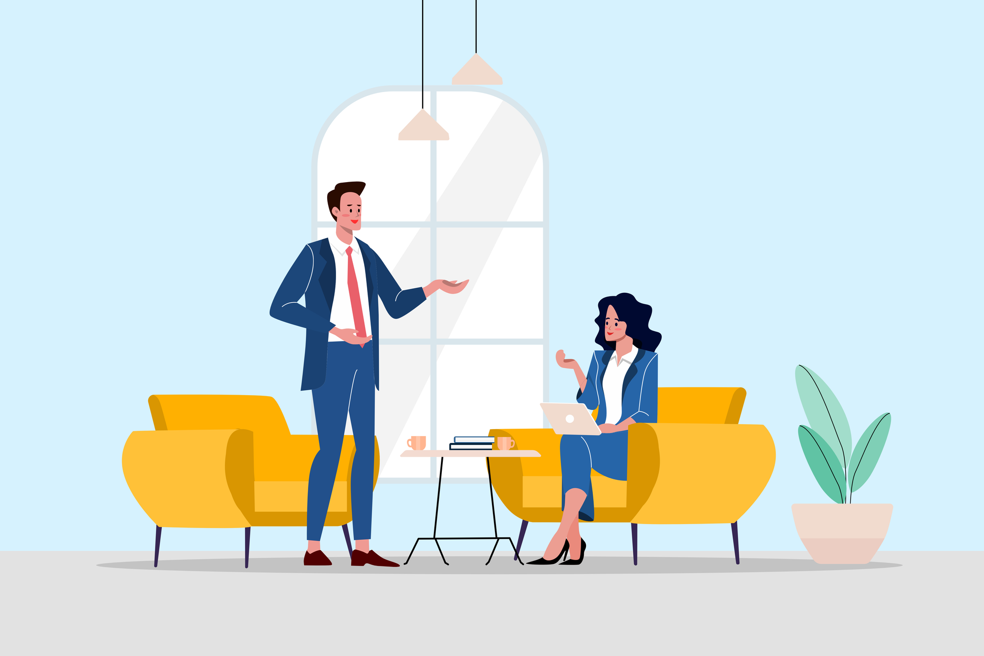 Illustration eines Gesprächs zwischen zwei Personen in einem Beratungssetting: Eine Person sitzt mit Laptop auf einem Sessel, die andere steht und erklärt etwas in ruhiger Atmosphäre.
