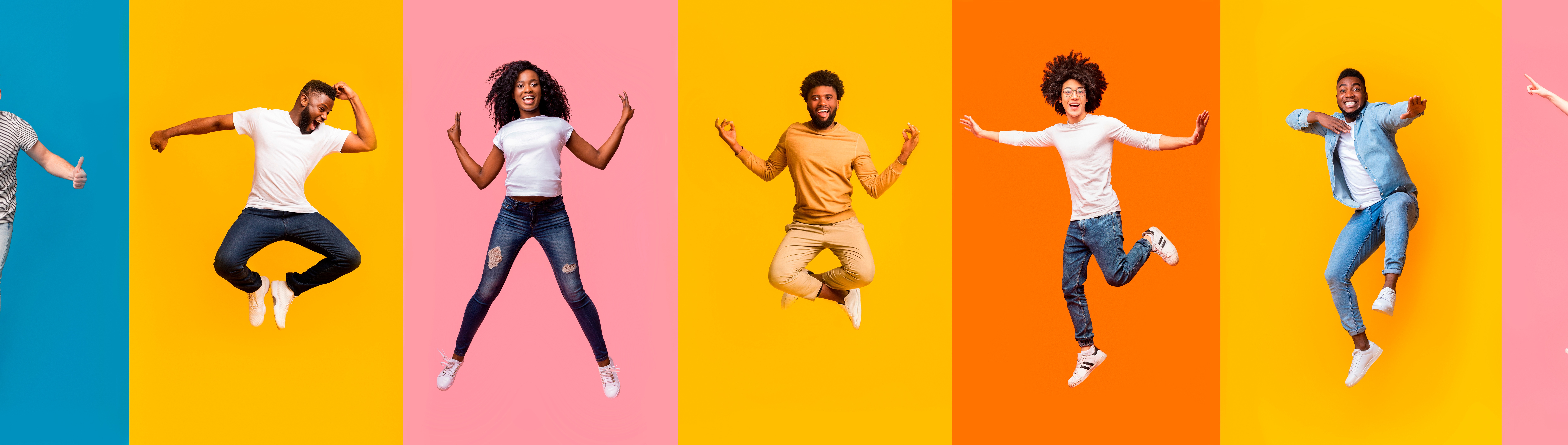 Collage of positive multiracial young people jumping over colorful backgrounds