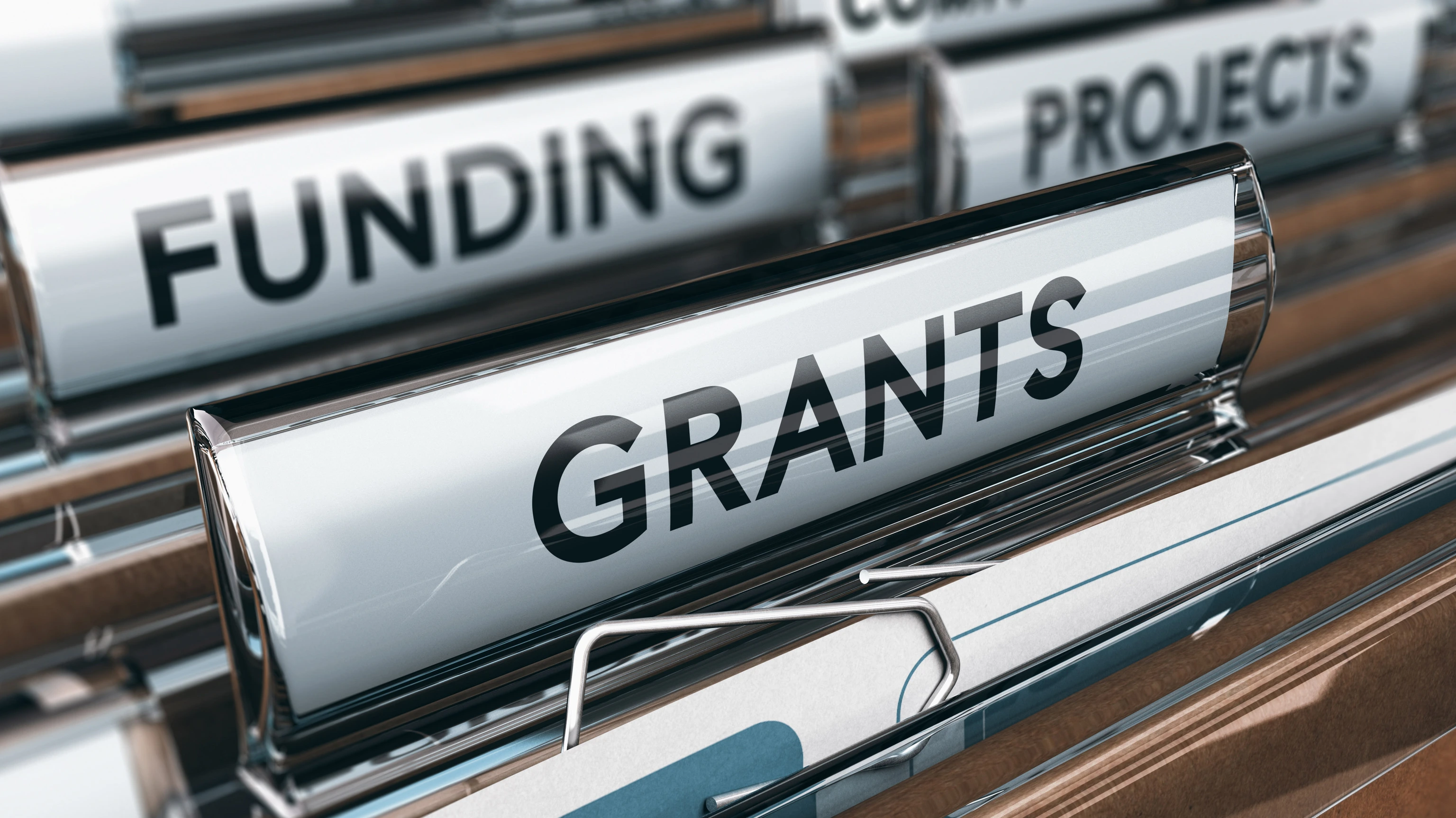 View of brown folders, with focus on grants label, Concept of funding, 3D illustration