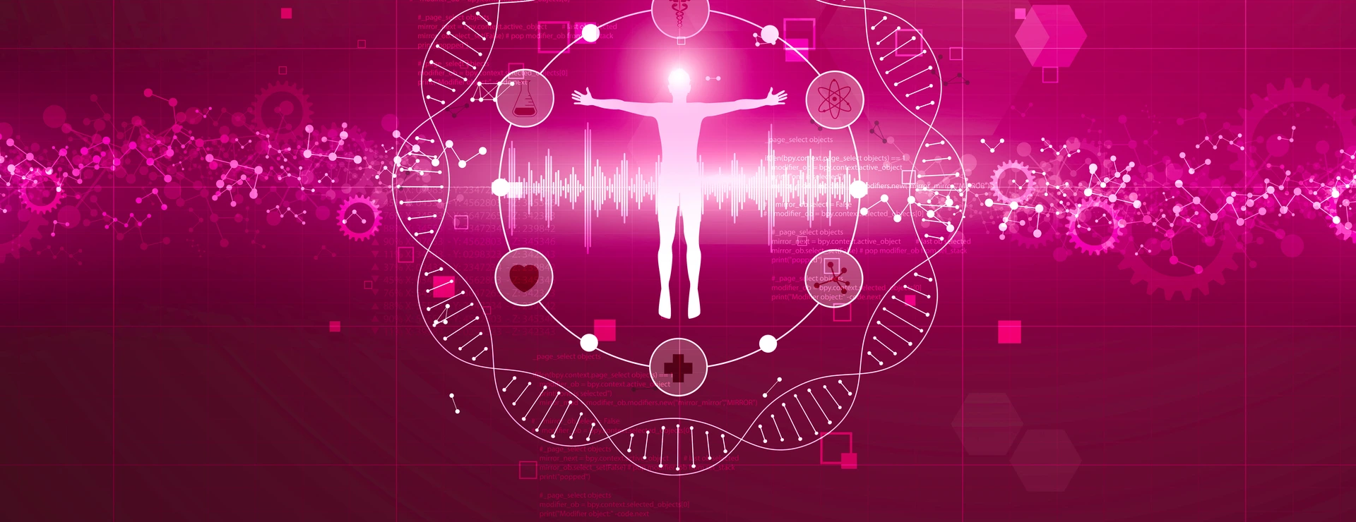 human body in center of Genomics and DNA