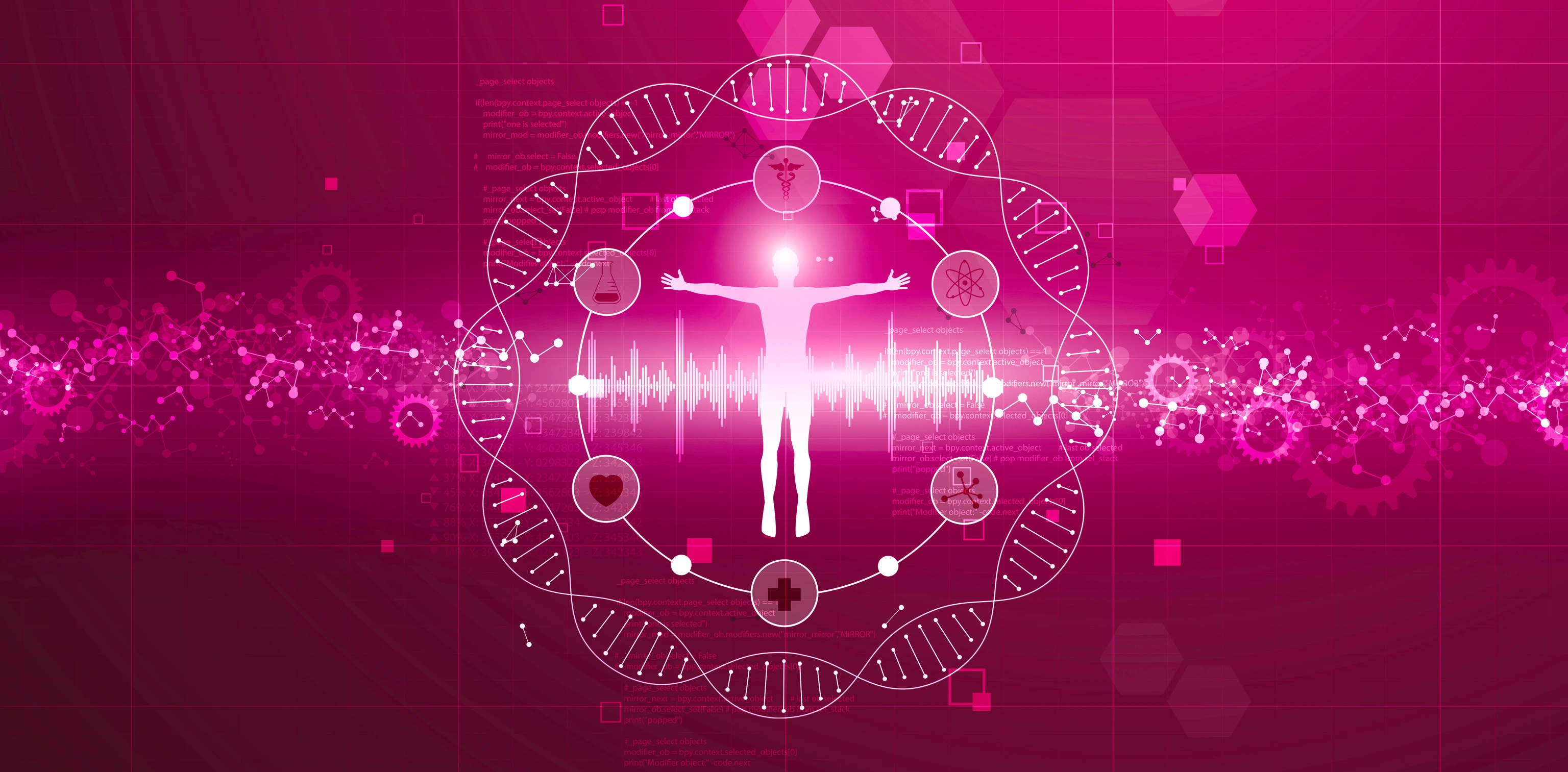 human body in center of Genomics and DNA