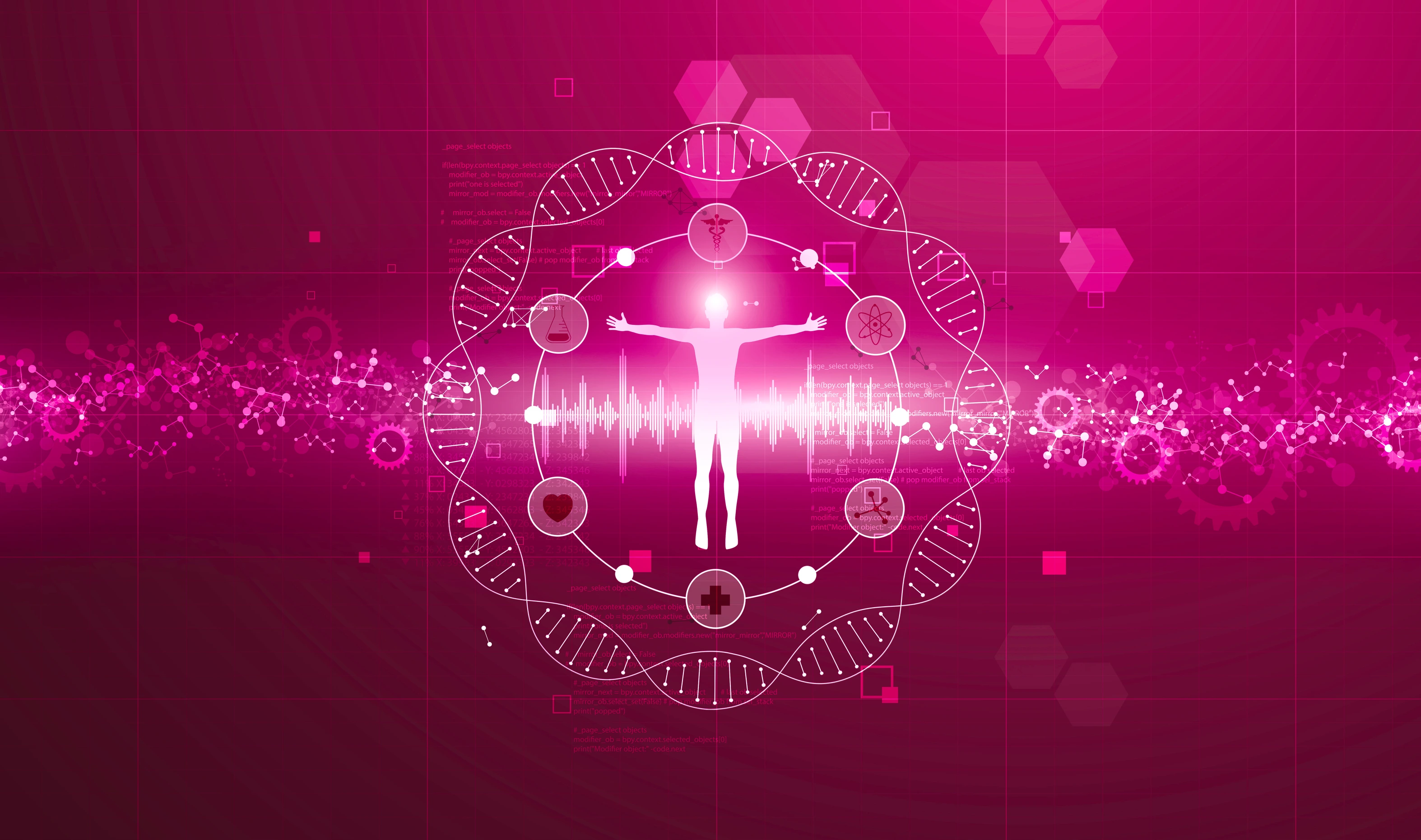 human body in center of Genomics and DNA