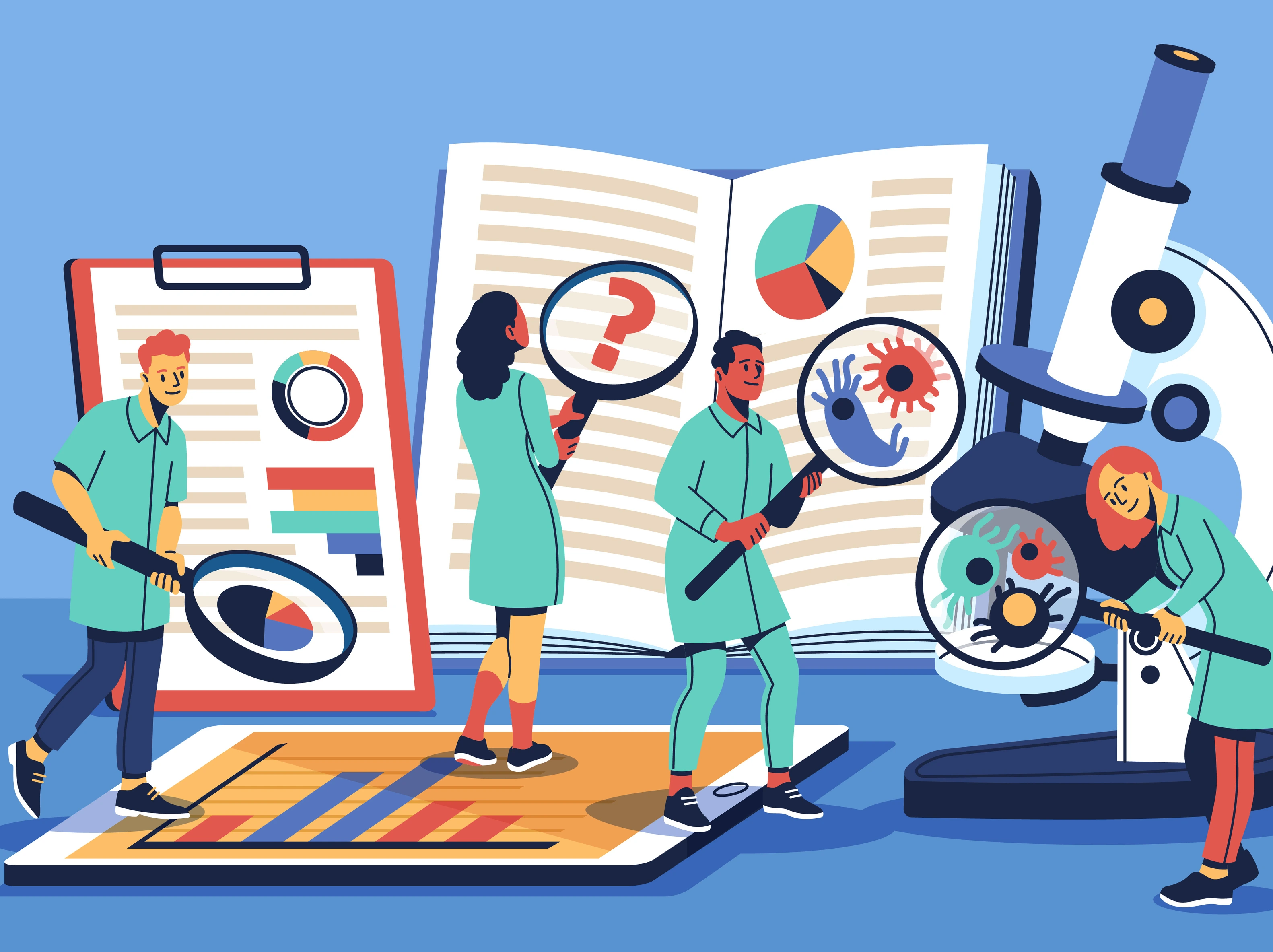 People with magnifying glass. Scientists team study viruses and bacteria, interns study special books, thorough search, characters in medical uniform cartoon isolated tidy vector concept