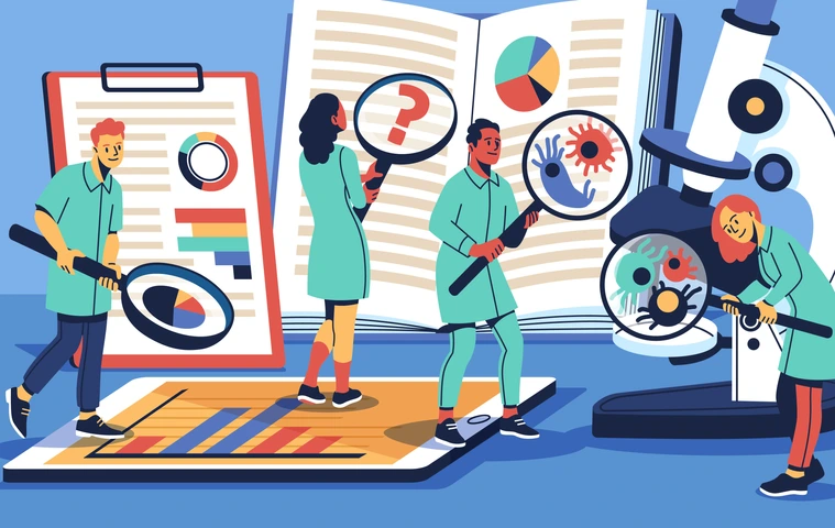 People with magnifying glass. Scientists team study viruses and bacteria, interns study special books, thorough search, characters in medical uniform cartoon isolated tidy vector concept