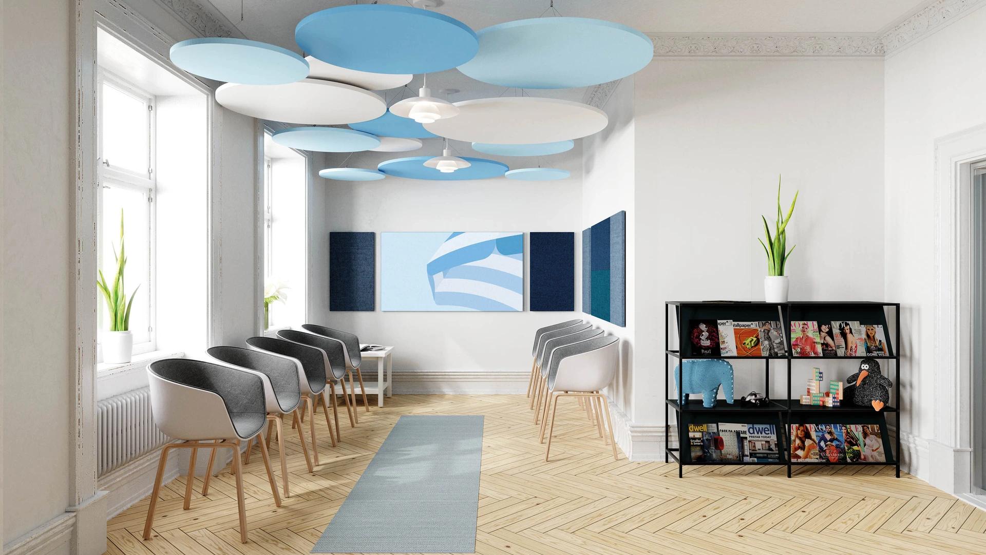terioplus-deckenabsorber; wartezimmer, weiß, blau lackiert p5-regal schwarz struktur