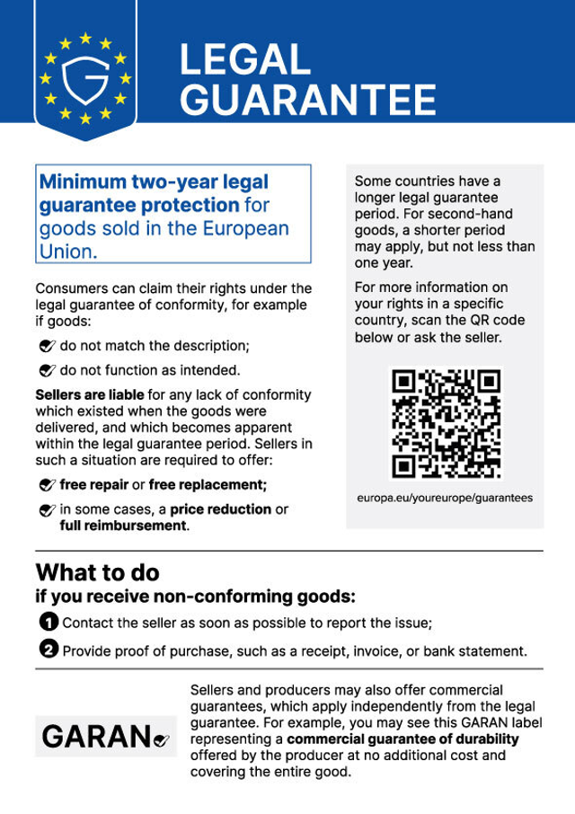 Notice on the legal guarantee: at least two years for goods sold in the EU.