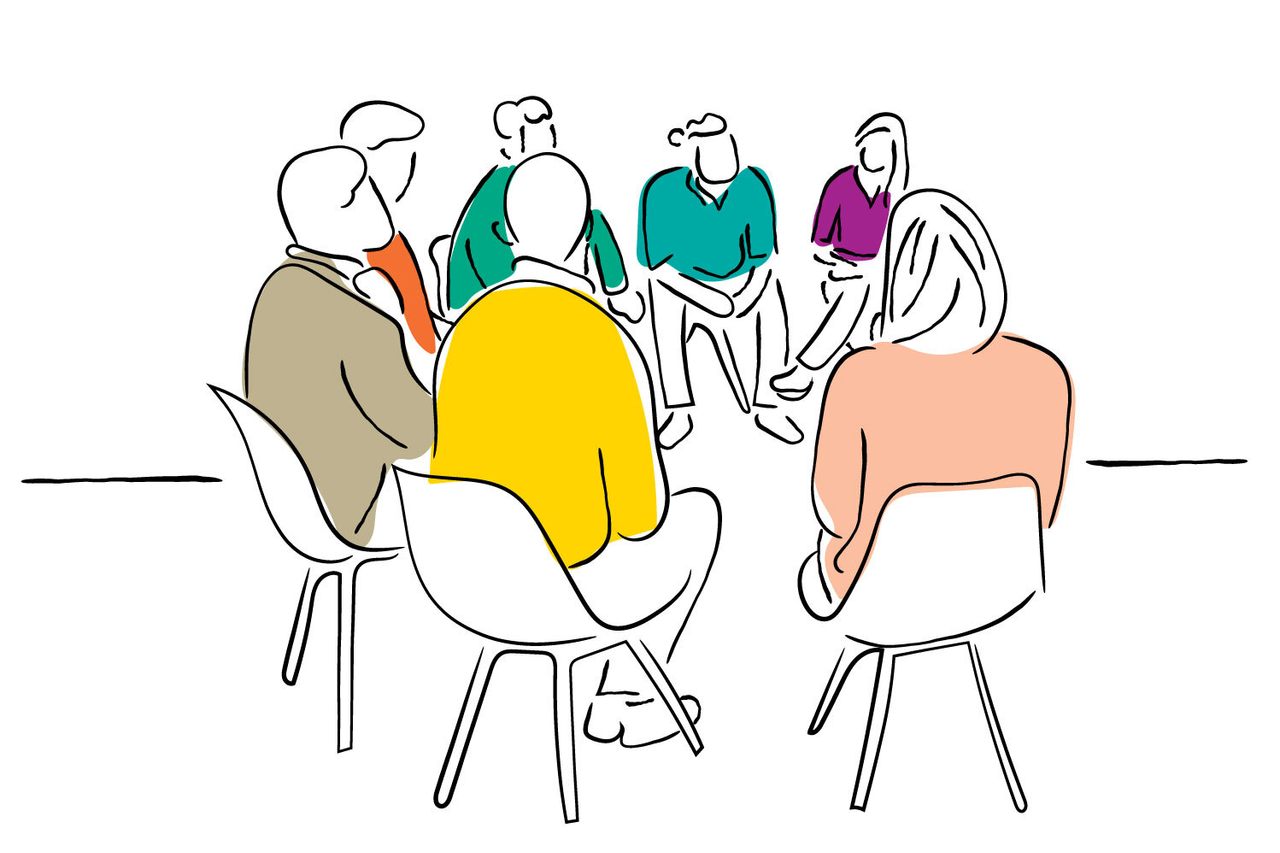Gruppentherapie nach komplexem Trauma Illustration von Menschen in einem Stuhlkreis