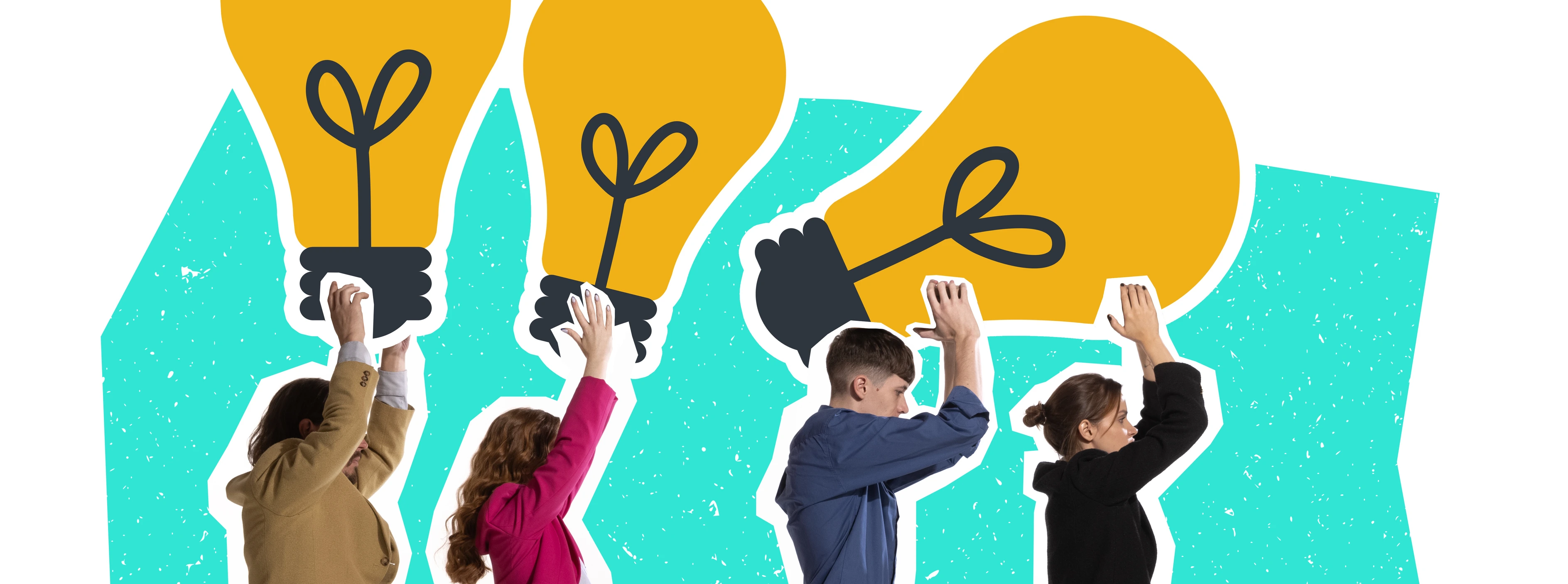 Contemporary art collage. Creative design. Business people, employees walking with light bulbs symbolizing professional ideas. Concept of business, career development, success, growth