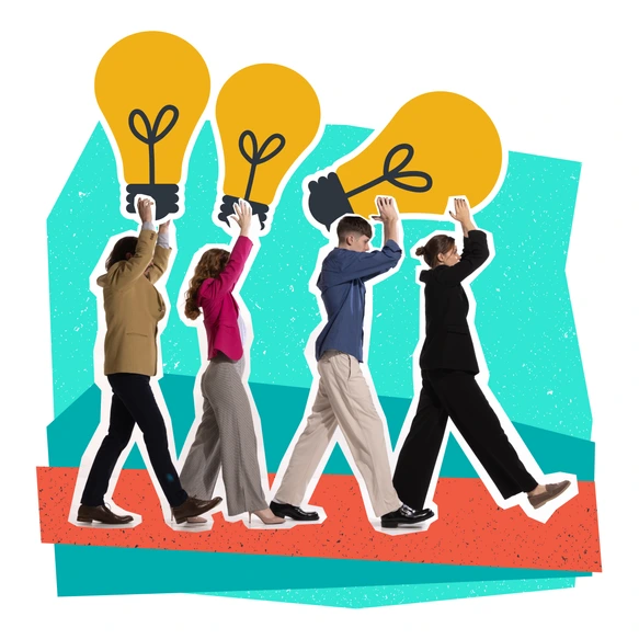 Contemporary art collage. Creative design. Business people, employees walking with light bulbs symbolizing professional ideas