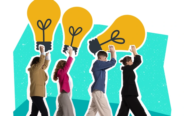 Contemporary art collage. Creative design. Business people, employees walking with light bulbs symbolizing professional ideas