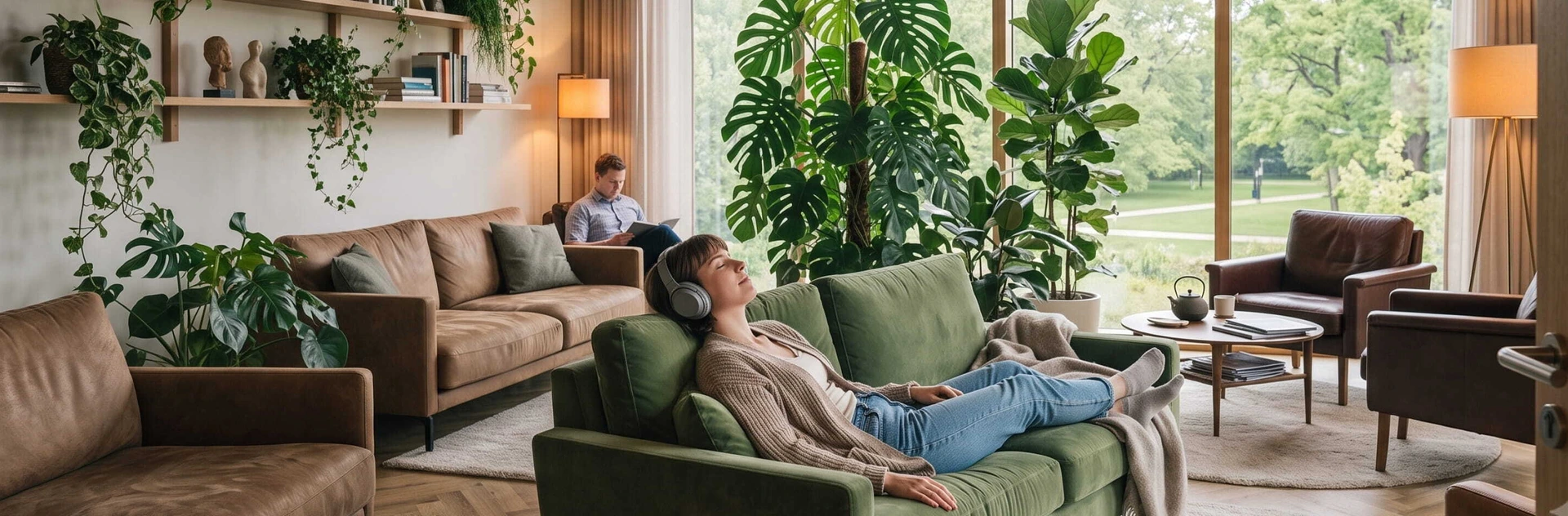 Eine Frau liegt mit Kopfhörer auf einem Sofa in einem gemütlich eingerichteten Raum, der im Büro zur Erholung dient.
