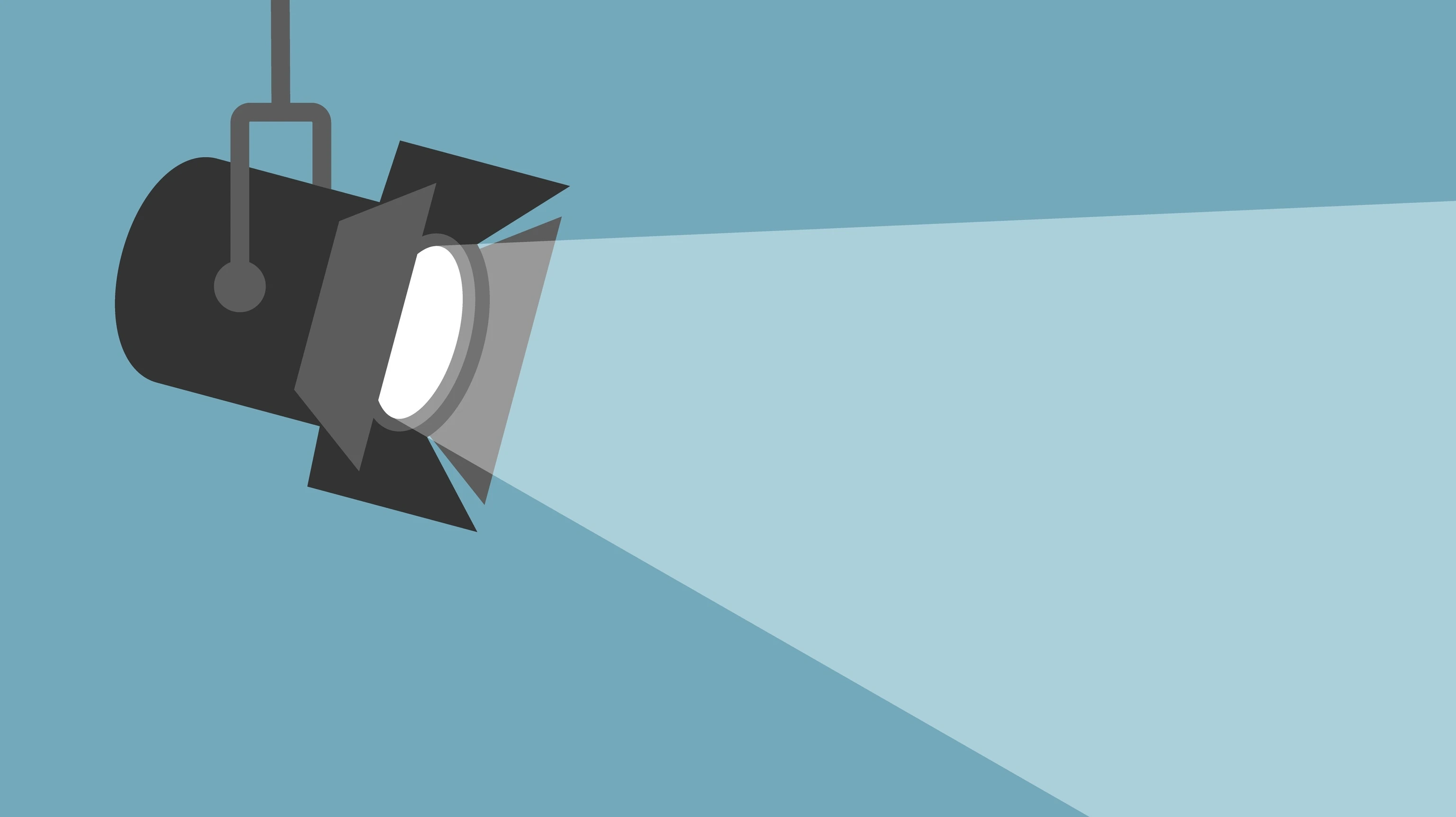 Spotlight shining flat illustration. Movie spotlight on blue background