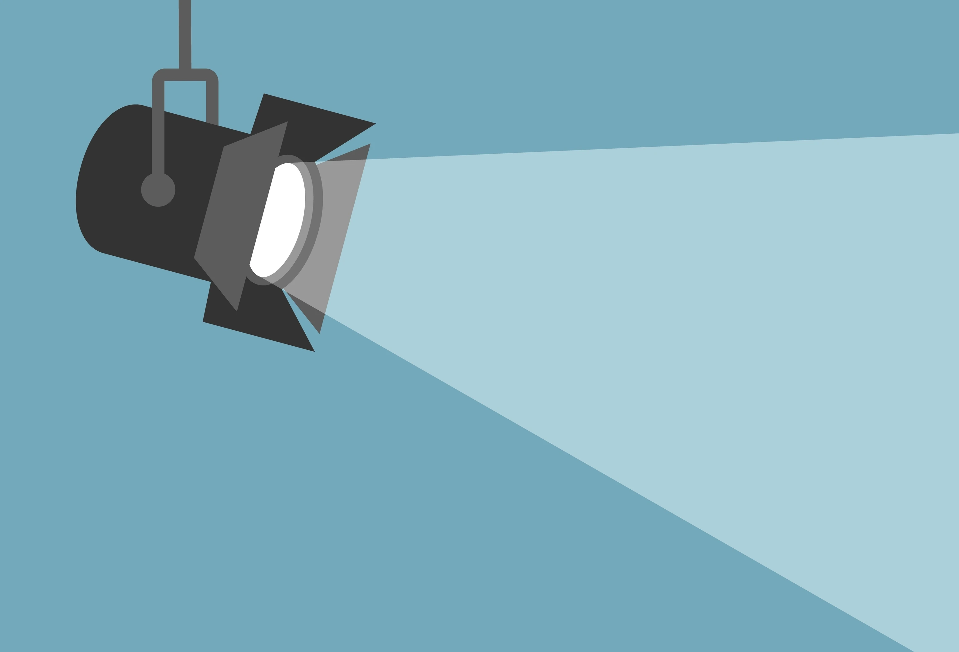 Spotlight shining flat illustration. Movie spotlight on blue background