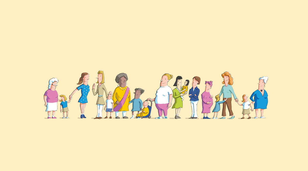 Farbige Illustration, die eine Gruppe von Frauen in unterschiedlichen Lebensaltern und mit unterschiedlichen Körperformen zeigt
