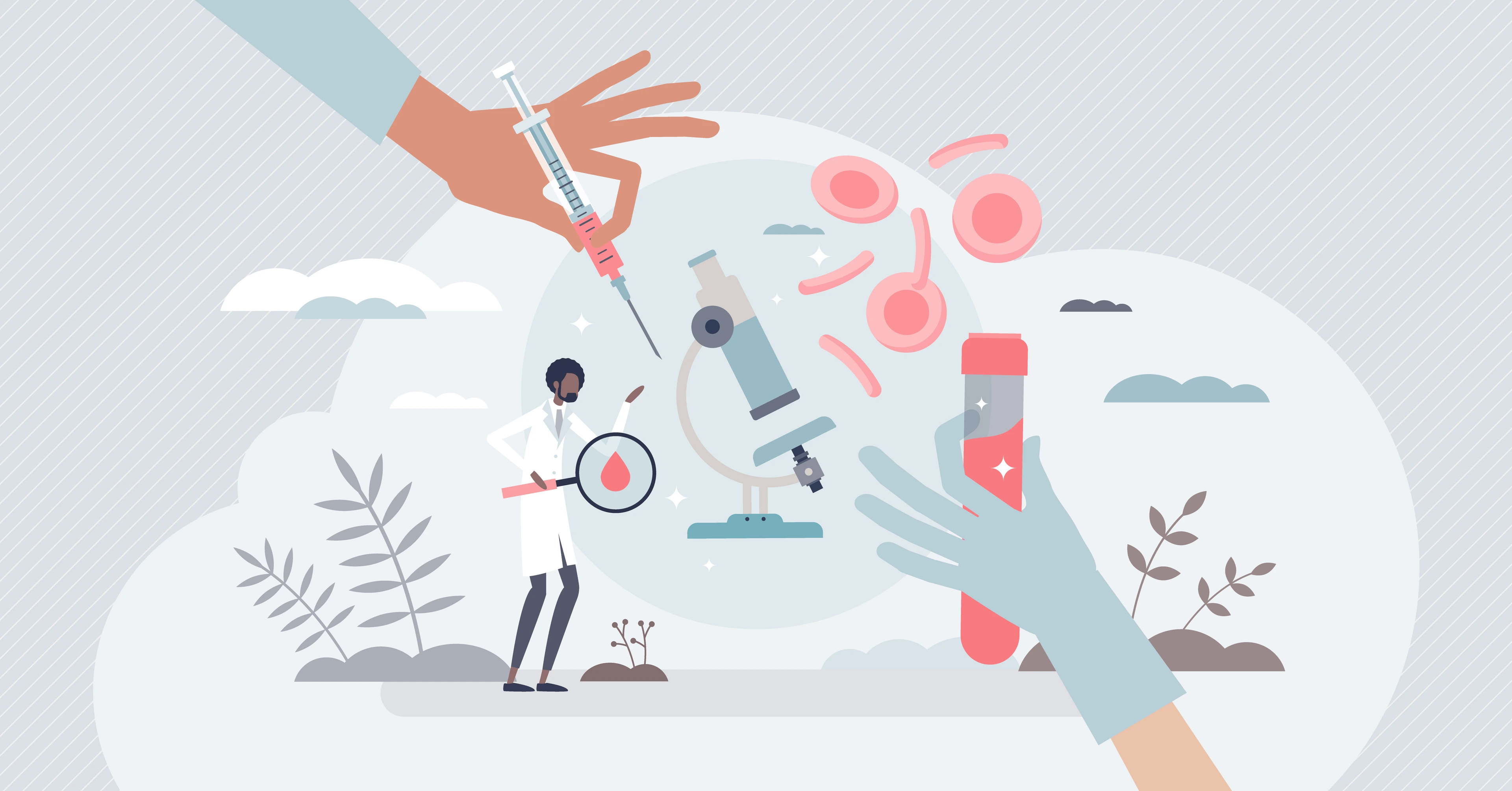 Blood testing and taking sample for research and examination tiny person concept. Microbiological