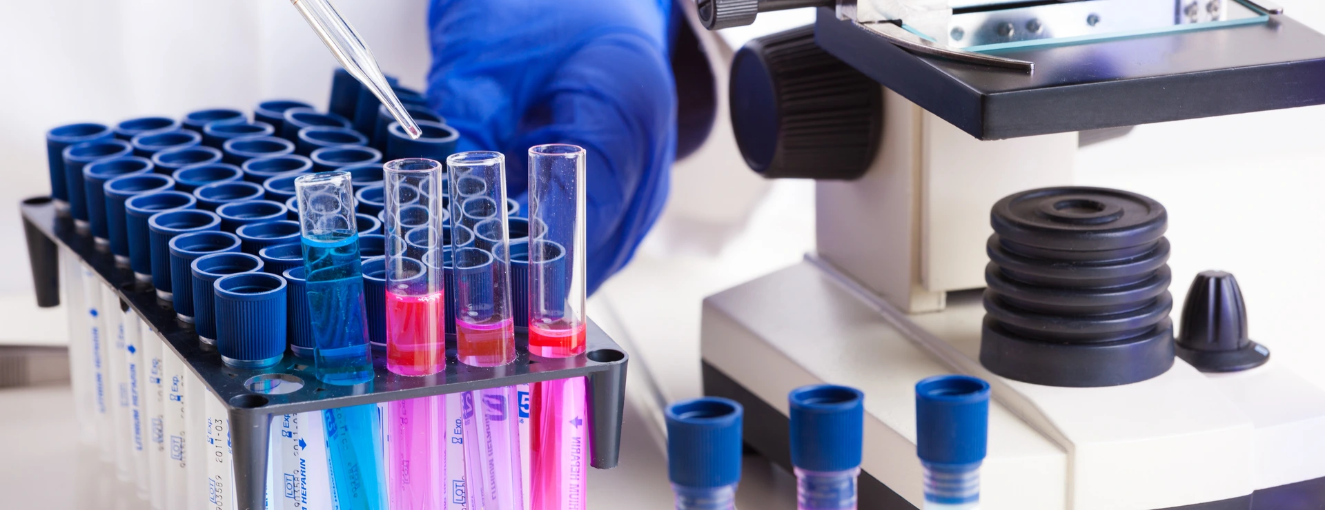 Lab technician working with equipment: tweezers, microscope, test tubes  filled with colored fluid, chemical flasks