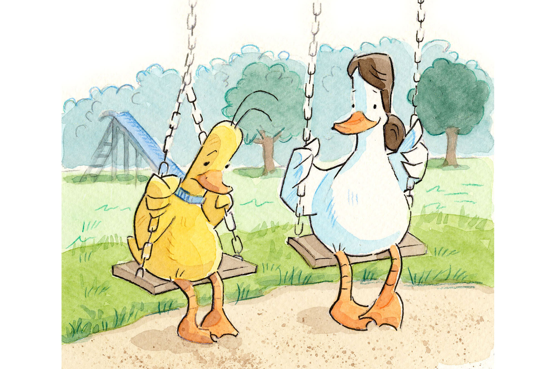 Illustration, Aquarell, Ente Merle und ihre Mutter sitzen nebeneinander auf zwei Schaukeln