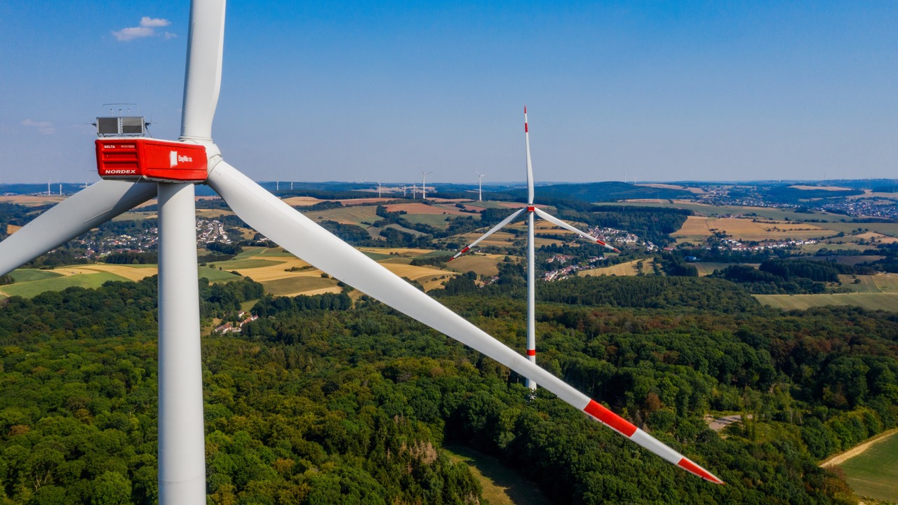 Wind turbines on a field