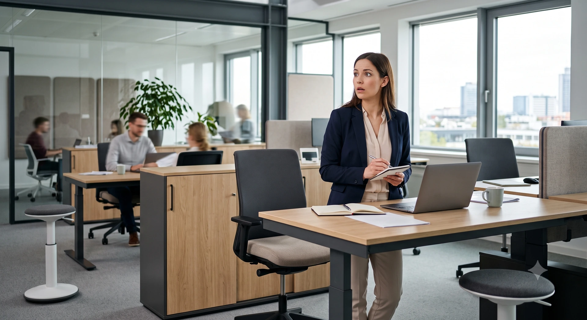 Eine junge Frau steht mit verwirrtem Blick im Büro an ihrem Schreibtisch.