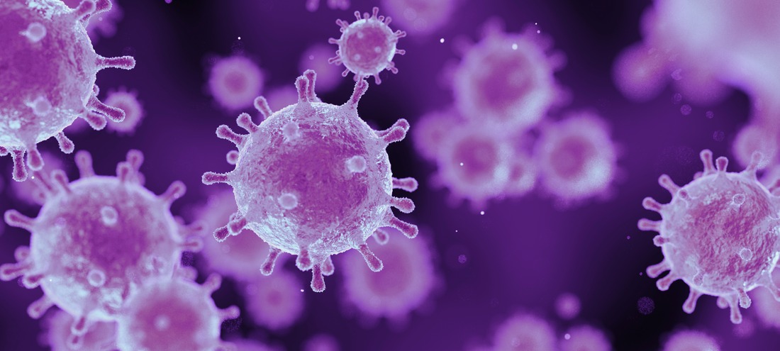 corona virus 2019-ncov flu outbreak, covid-19 3d banner illustration, microscopic view of floating influenza virus cells