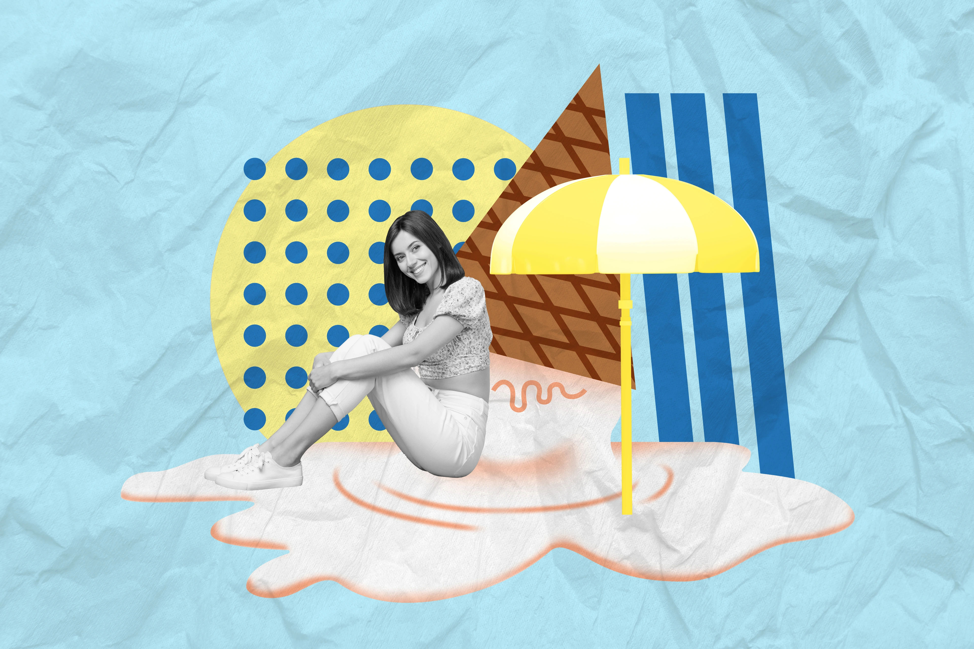 Das Bild zeigt eine junge Frau im Sommer mit Sonnenschirm, Sonne und Eis.