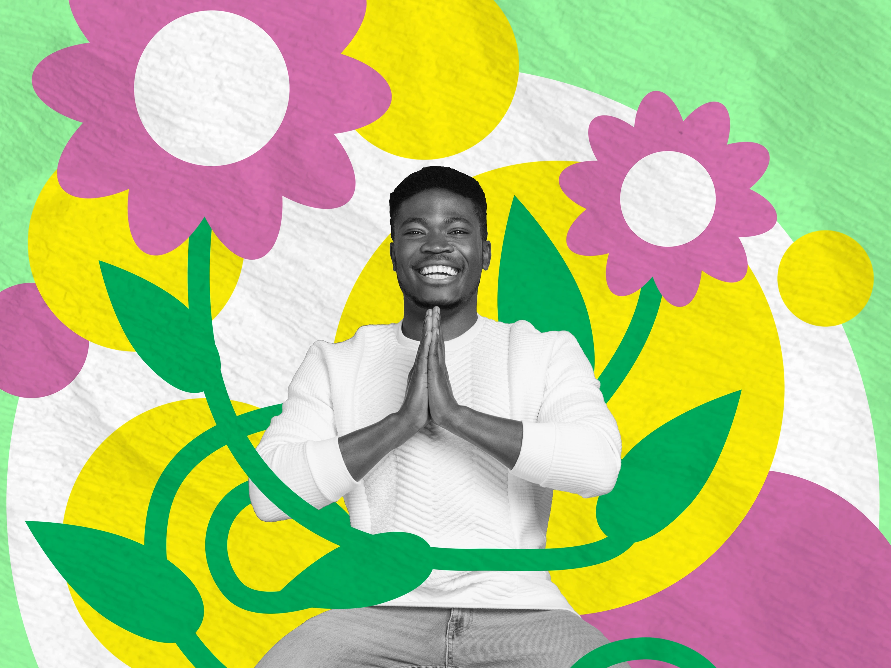 Vertical collage picture of mini excited black white guy levitate meditate big drawing spring flowers isolated on green background