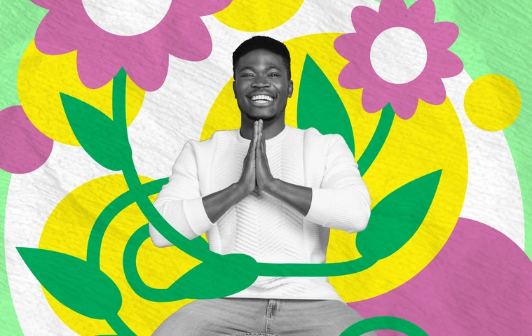 Vertical collage picture of mini excited black white guy levitate meditate big drawing spring flowers isolated on green background
