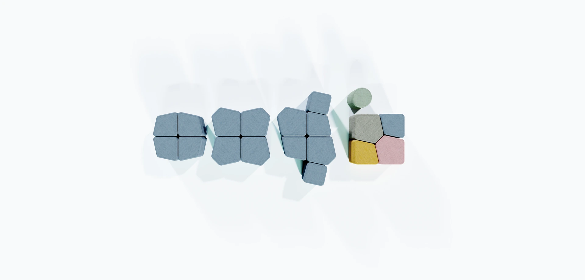 Obenansicht modularer Sitzwürfel in blassen Blau-, Gelb- und Rosatönen, zu Gruppen gelegt, Polstermöbel von PALMBERG