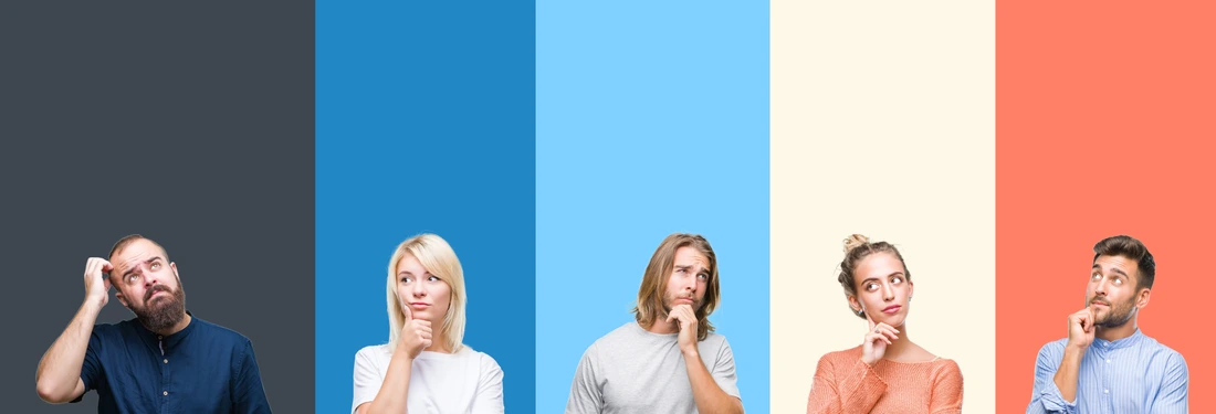 Collage of casual young people over colorful stripes isolated background with hand on chin thinking about question, pensive expression. Smiling with thoughtful face. Doubt concept.