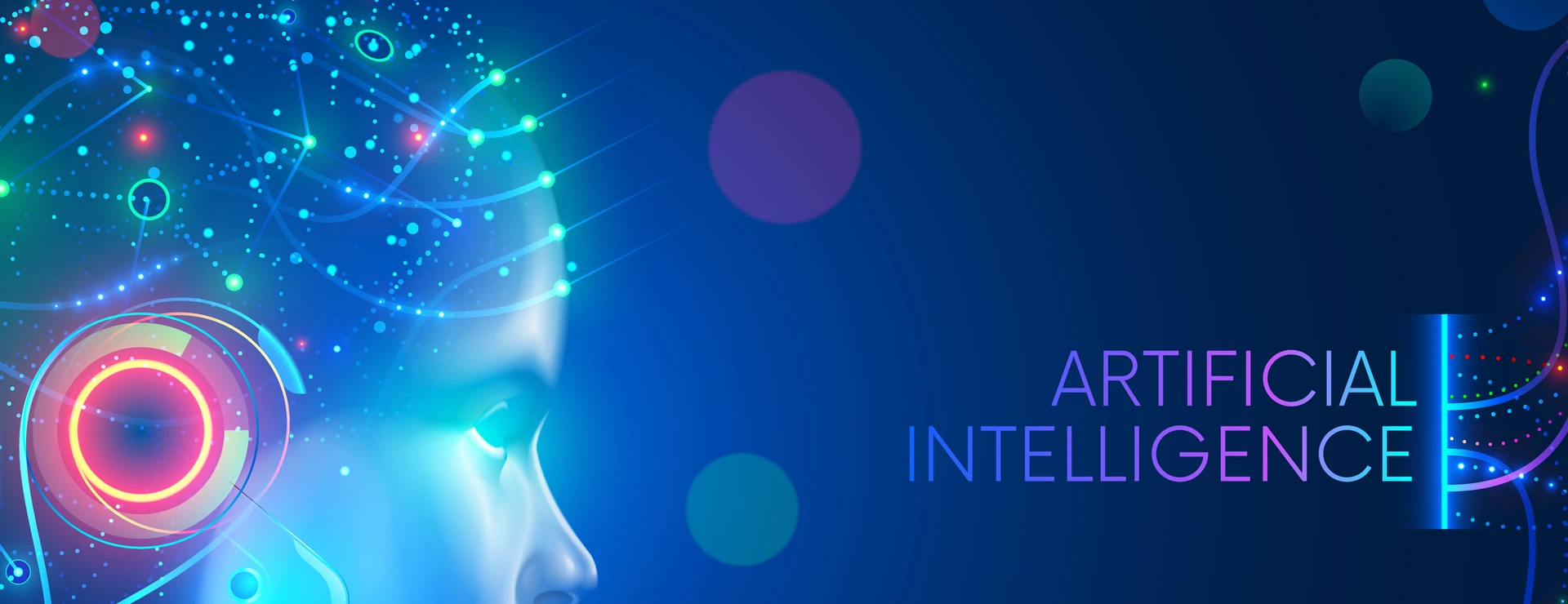 Artificial intelligence in humanoid head with neural network thinks. AI with Digital Brain is learning processing big data, analysis information. Face of cyber mind. Technology background concept.