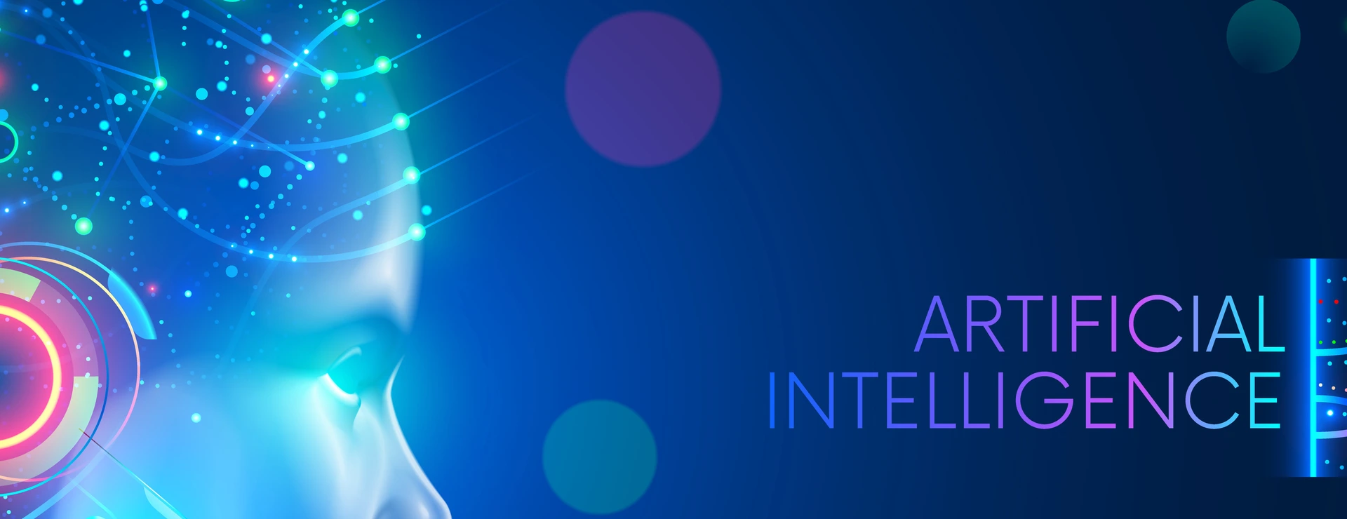Artificial intelligence in humanoid head with neural network thinks. AI with Digital Brain is learning processing big data, analysis information. Face of cyber mind. Technology background concept.