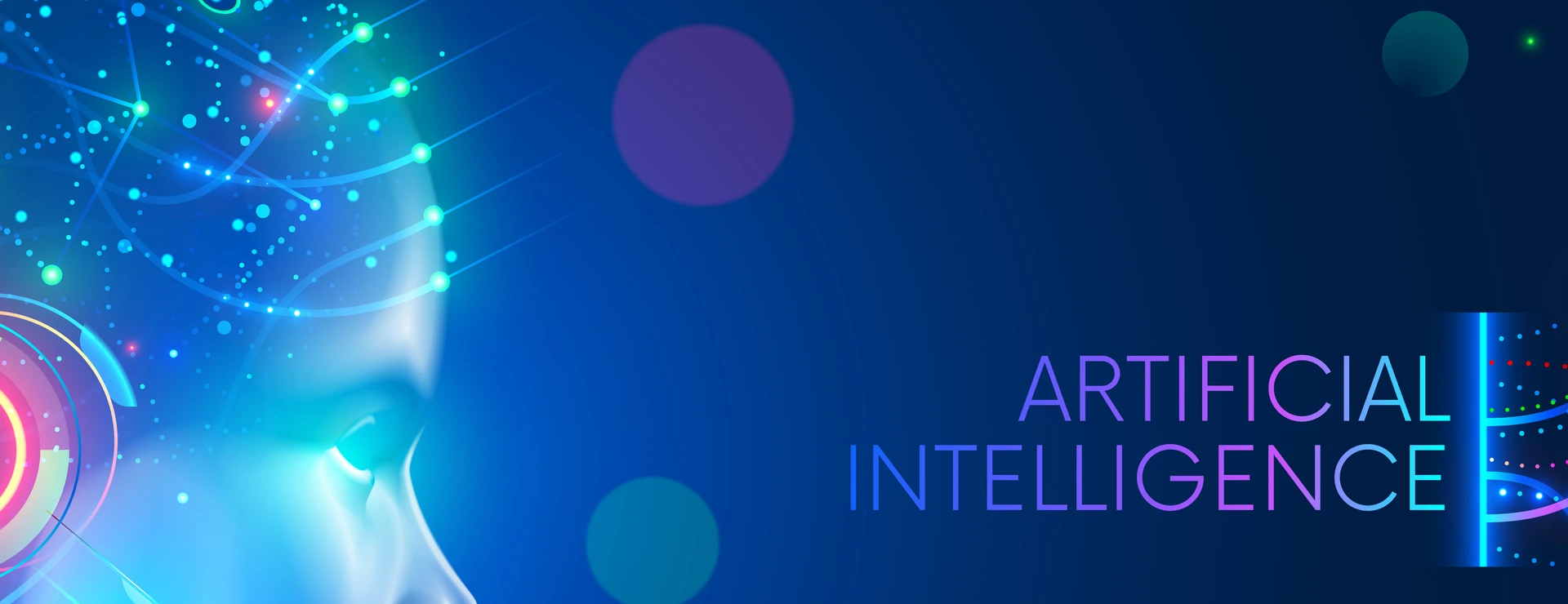 Artificial intelligence in humanoid head with neural network thinks. AI with Digital Brain is learning processing big data, analysis information. Face of cyber mind. Technology background concept.