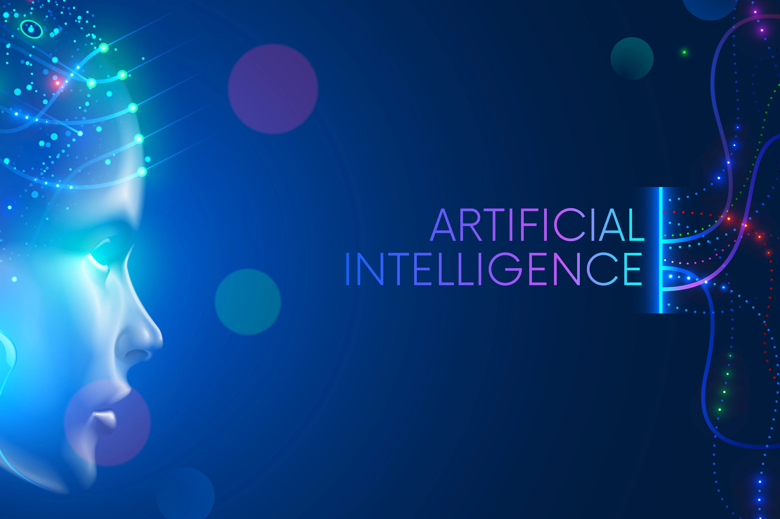 Artificial intelligence in humanoid head with neural network thinks. AI with Digital Brain is learning processing big data, analysis information. Face of cyber mind. Technology background concept.