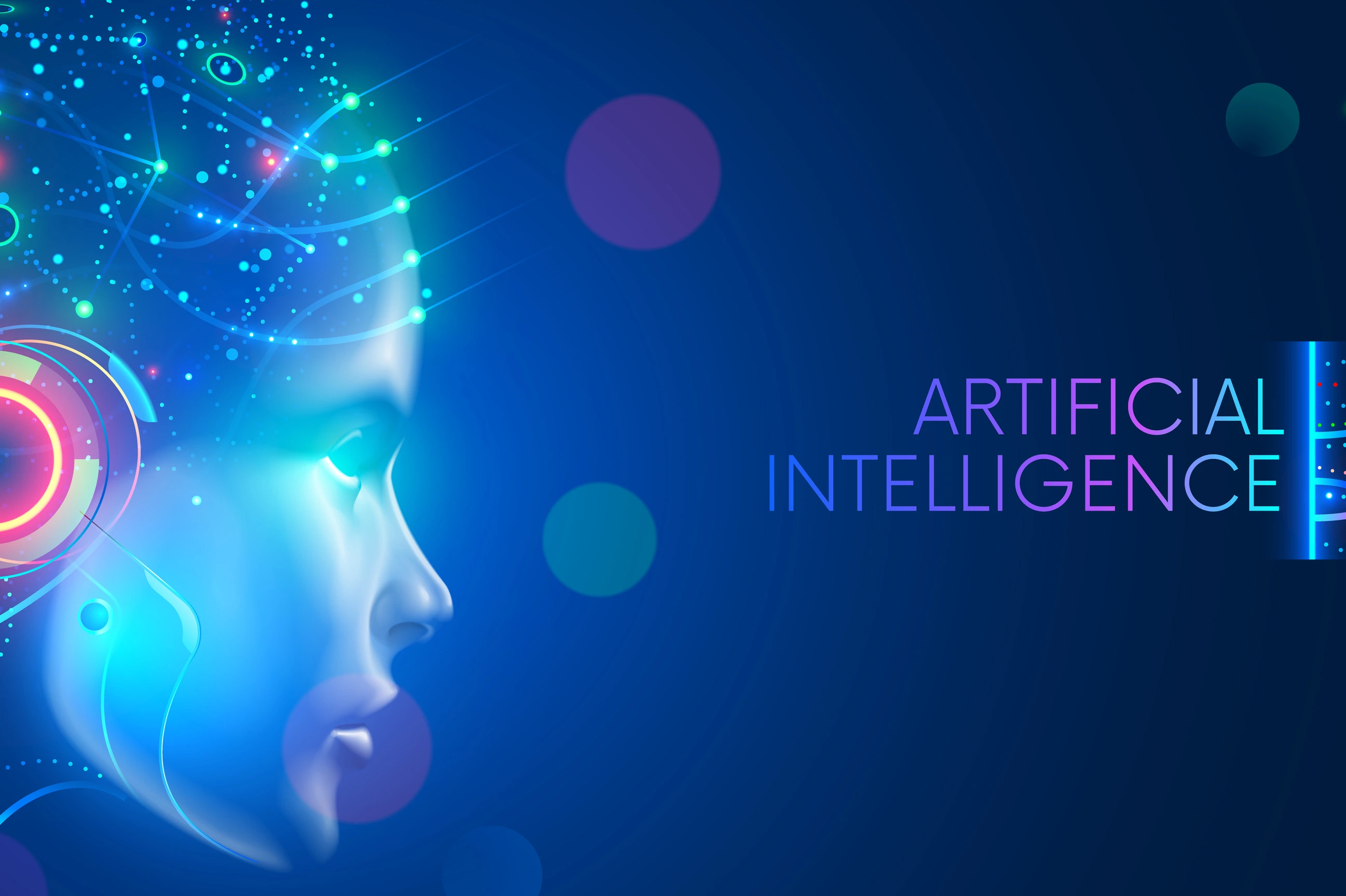 Artificial intelligence in humanoid head with neural network thinks. AI with Digital Brain is learning processing big data, analysis information. Face of cyber mind. Technology background concept.