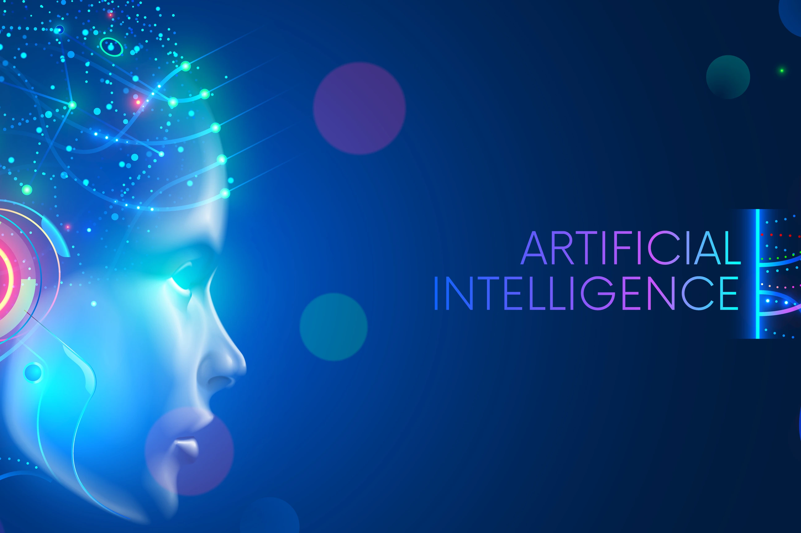 Artificial intelligence in humanoid head with neural network thinks. AI with Digital Brain is learning processing big data, analysis information. Face of cyber mind. Technology background concept.