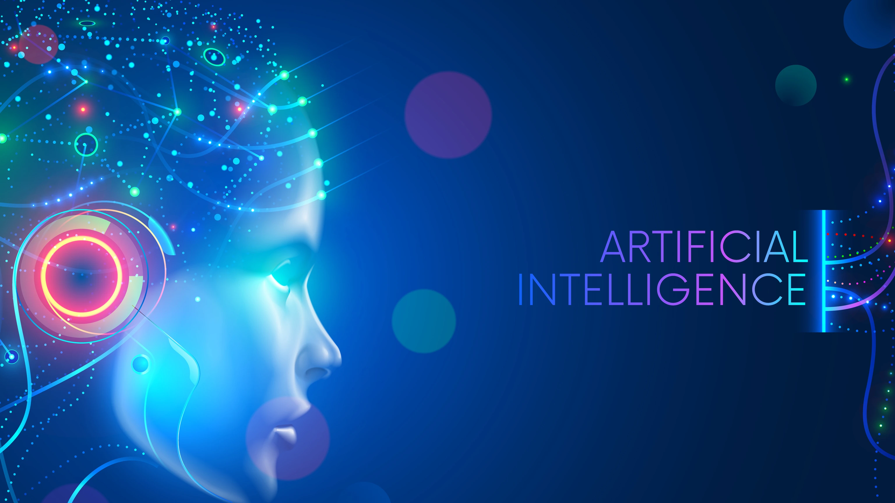 Artificial intelligence in humanoid head with neural network thinks. AI with Digital Brain is learning processing big data, analysis information. Face of cyber mind. Technology background concept.