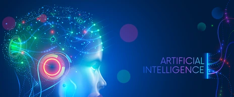 Artificial intelligence in humanoid head with neural network thinks. AI with Digital Brain is learning processing big data, analysis information. Face of cyber mind. Technology background concept.