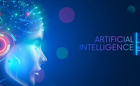 Artificial intelligence in humanoid head with neural network thinks. AI with Digital Brain is learning processing big data, analysis information. Face of cyber mind. Technology background concept.