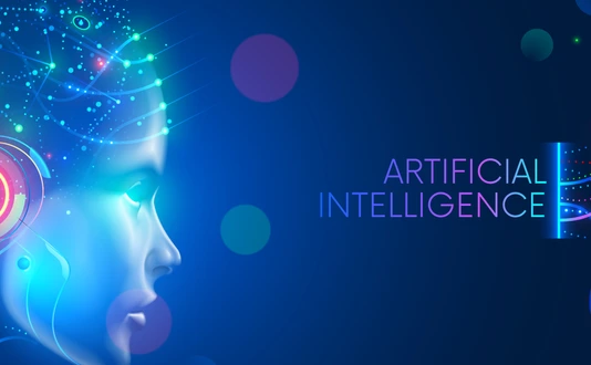 Artificial intelligence in humanoid head with neural network thinks. AI with Digital Brain is learning processing big data, analysis information. Face of cyber mind. Technology background concept.