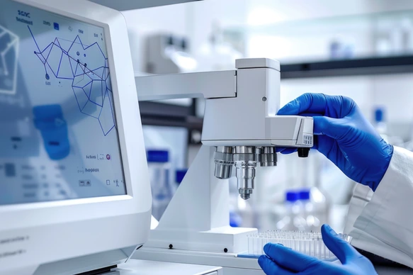 An NMR (Nuclear Magnetic Resonance) spectrometer in operation, with a scientist preparing a sample for molecular structure analysis