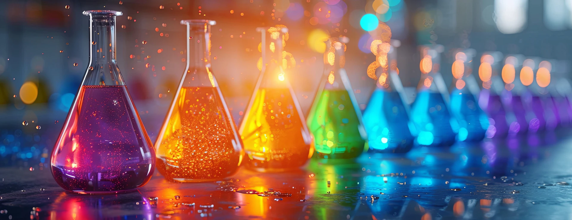 banner of Neon, contrast flasks on the table in laboratory. luminophore. Science & Research Concept