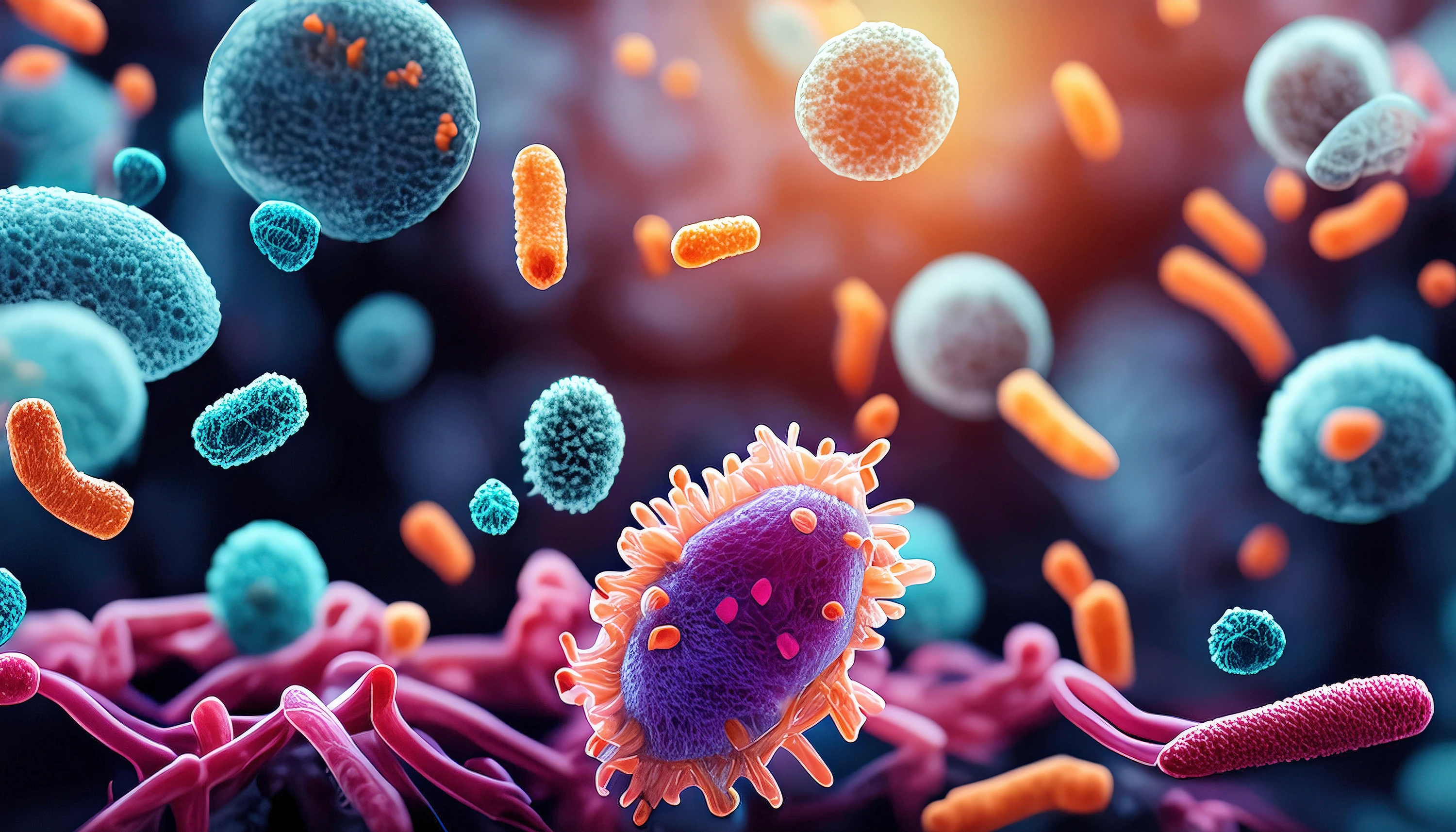 Lebhafte Darstellung der Mikrobiota mit Bakterien, Pilzen, Protozoen und Viren in Koexistenz