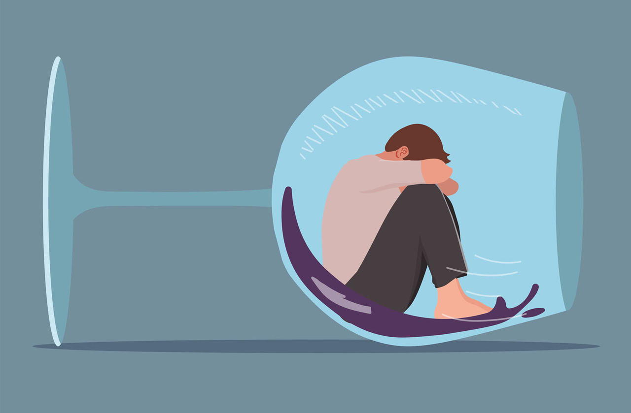 Illustration, ein Mann sitzt zusammengekauert in einem übergroßen Weinglas in einer Pfütze mit einer dunkelroten Flüssigkeit, Arme vorm Gesicht verschränkt
